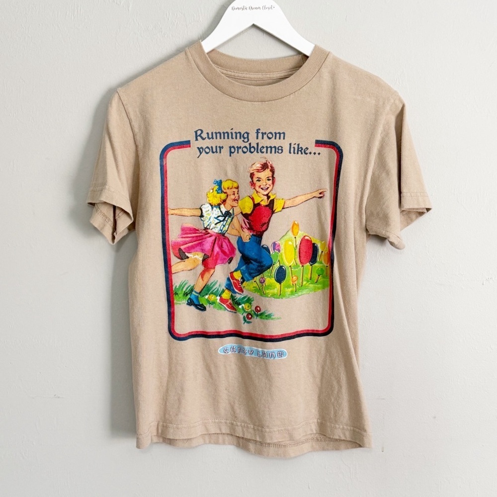 CANDY LAND Women’s Beige Retro Logo RUNNING FROM YOUR PROBLEMS T-Shirt Size S